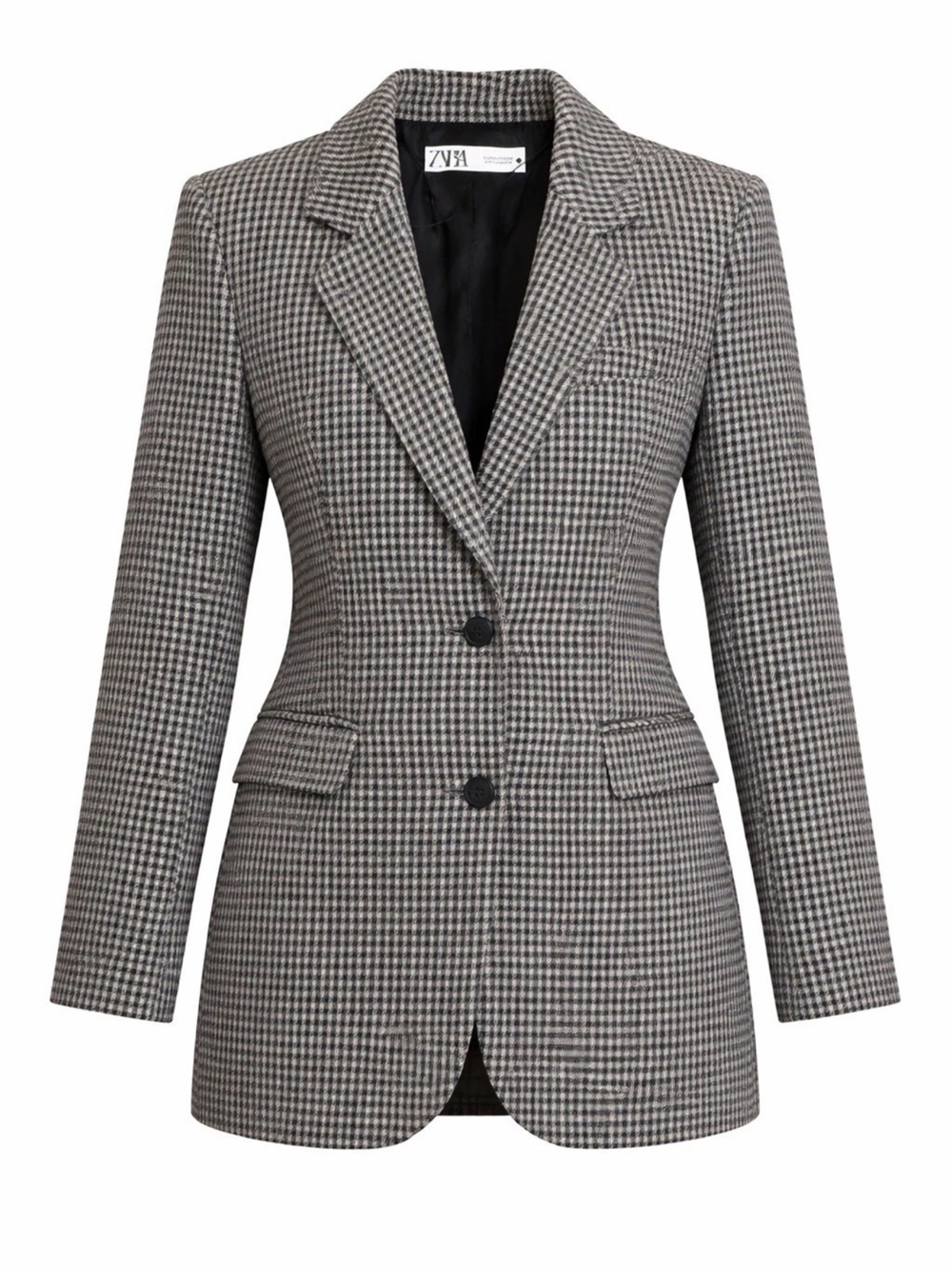 ZARA Tweed Check Blazer Women Two-Button Single-Breasted Notch Lapel Navy Brown